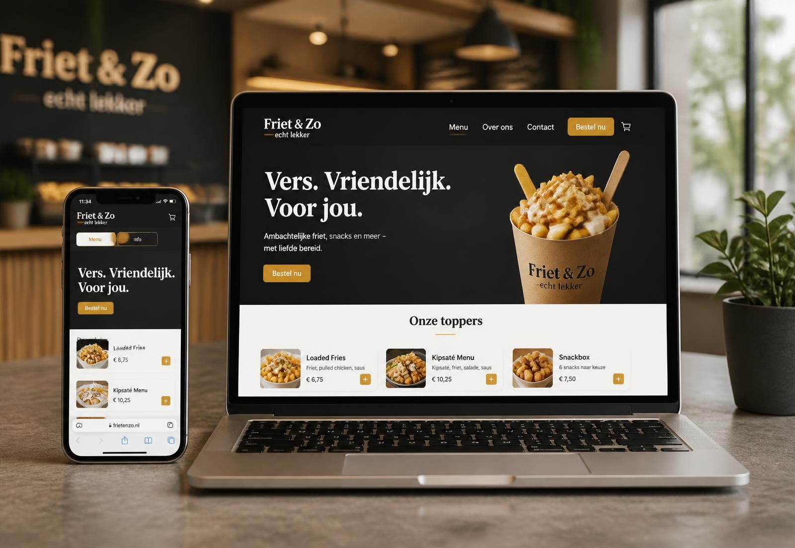 Bestelsite, kassa en bezorgapp van Joep Demo op meerdere apparaten